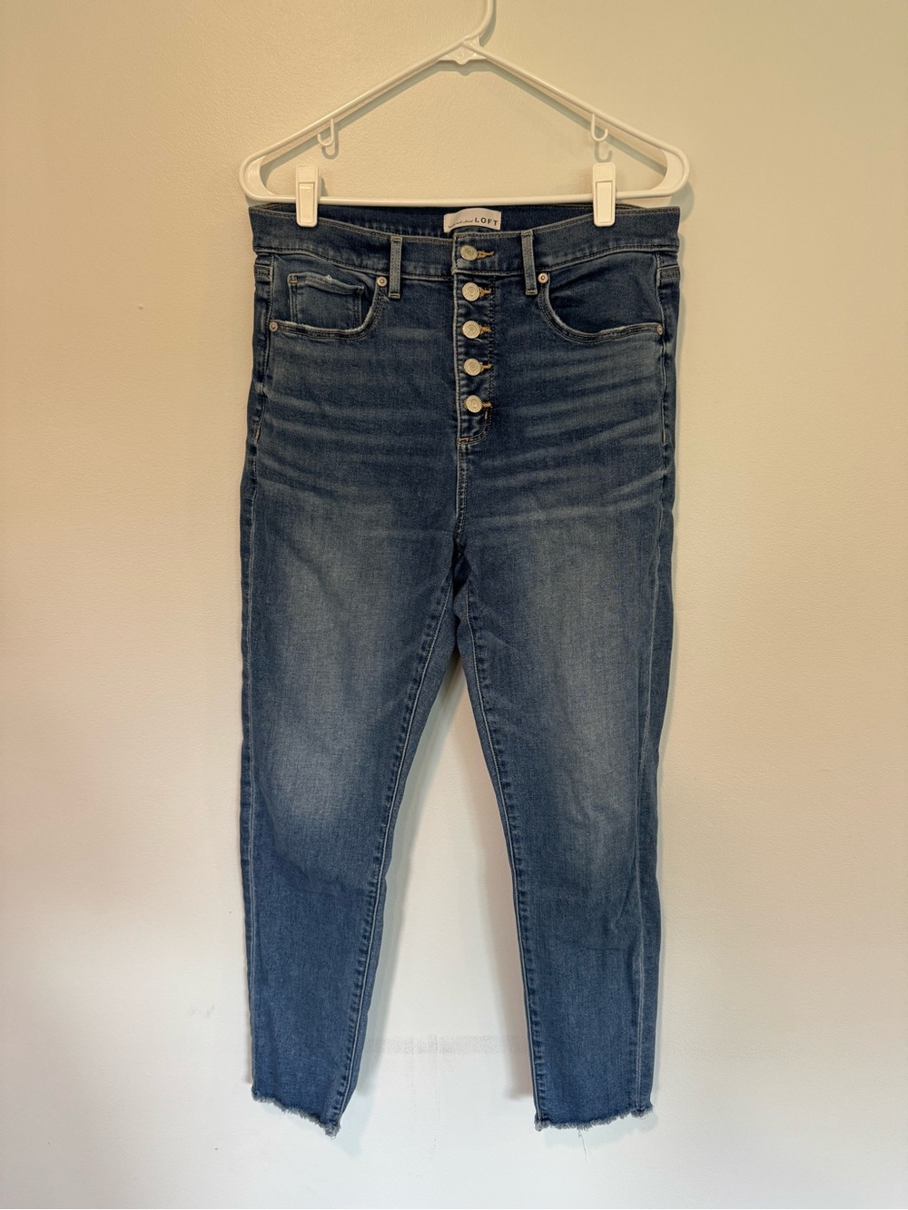 LOFT Straight-Leg High-Rise Button-Fly Jeans in Medium Blue